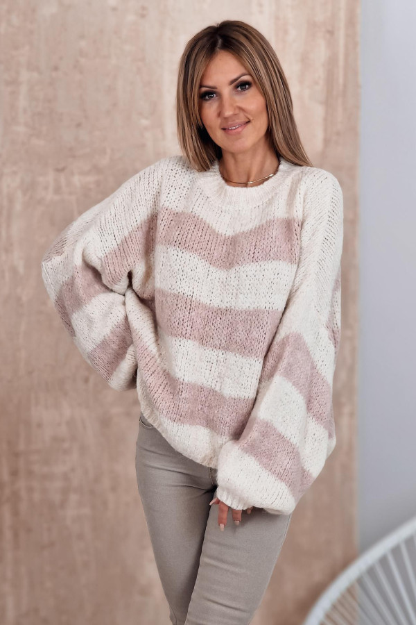 Sweter w Szerokie Pasy Pudrowe Etian - Kremowy 3