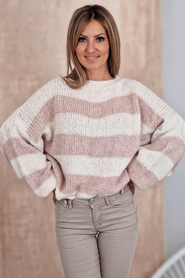 Sweter w Szerokie Pasy Pudrowe Etian - Kremowy 8