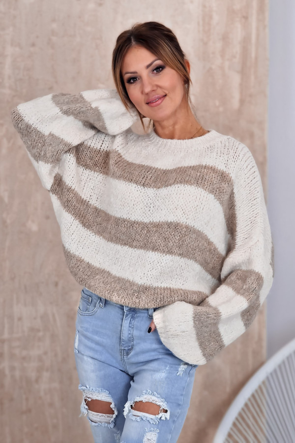 Sweter w Szerokie Pasy Beżowo- Kremowe Etian 1