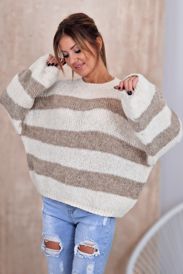 Sweter w Szerokie Pasy Beżowo- Kremowe Etian 4