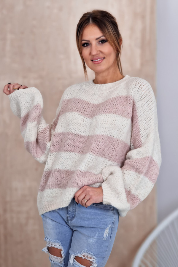 Sweter w Szerokie Pasy Pudrowo - Kremowy Etian 5