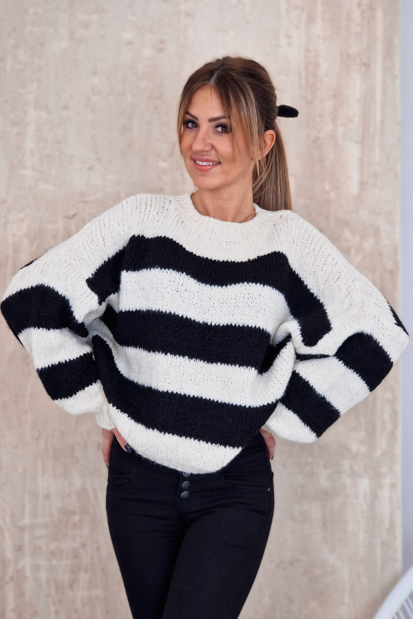 Sweter w Szerokie PasyCzarne - Kremowy Etian 5