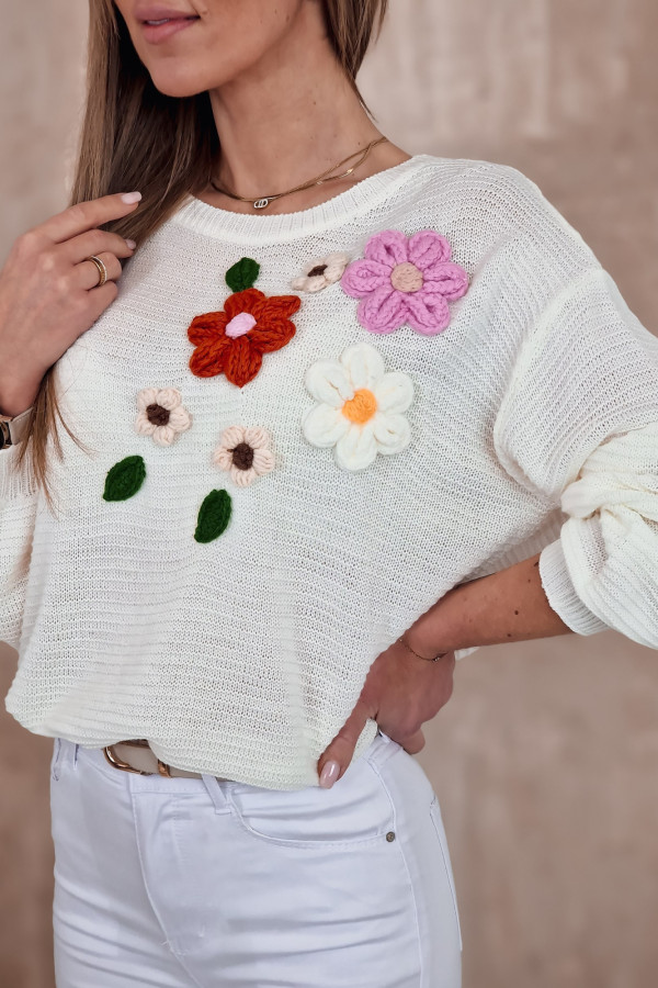 Sweter z Naszywanymi Kwiatami - Waniliowy April 2