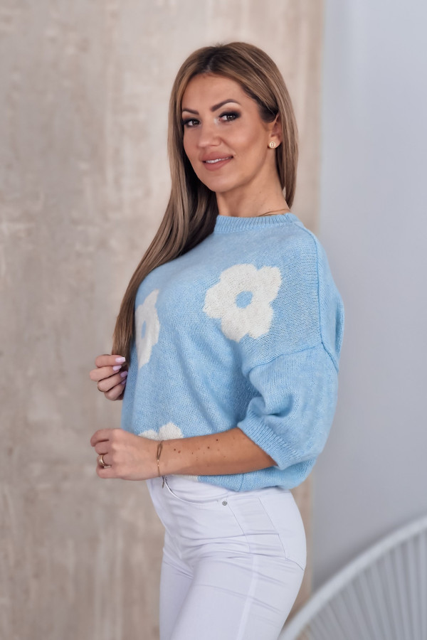 Sweter w Białe Kwiaty - Błękitny Ifuru 6
