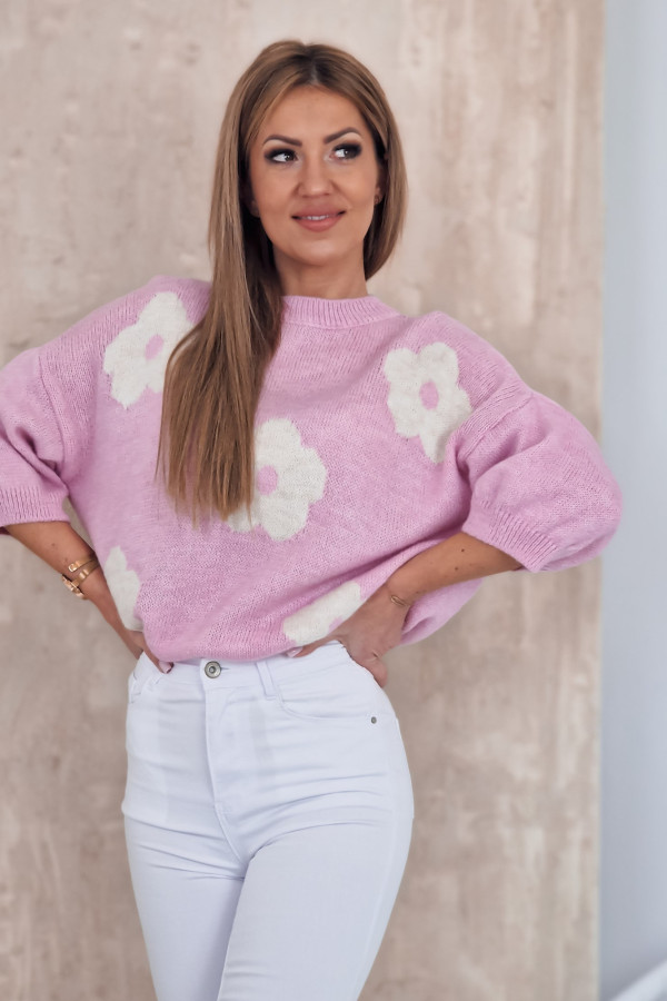 Sweter w Białe Kwiaty -Różowy Ifuru