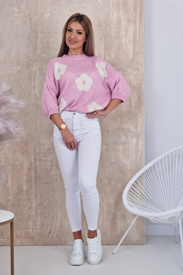 Sweter w Białe Kwiaty -Różowy Ifuru 7