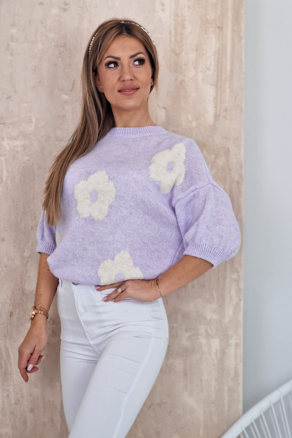 Sweter w Białe Kwiaty -Liliowy Ifuru