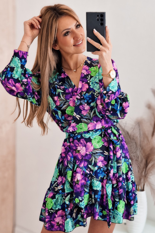 Sukienka Granatowa w Fioletowe i Zielone Kwiaty - Kim